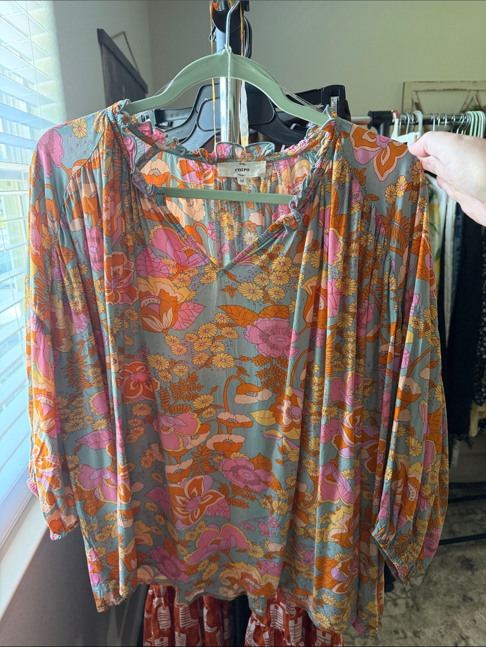 entro Floral Peasant Blouse - Gray, Pink & Orange